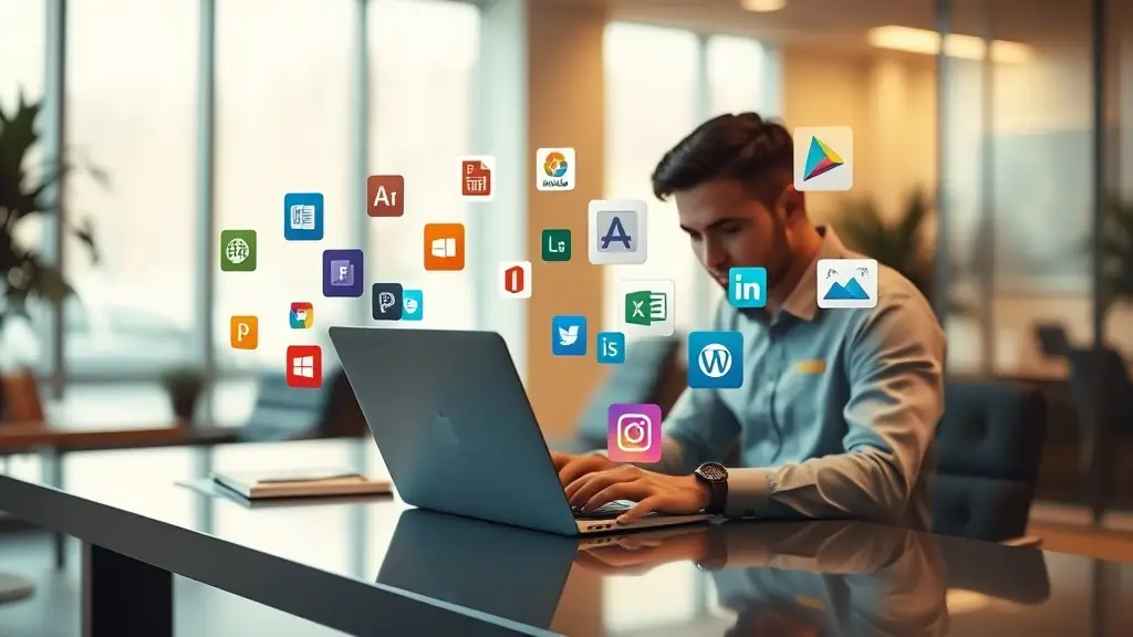 Man at his desk looking at his laptop with IT symbols in the air
