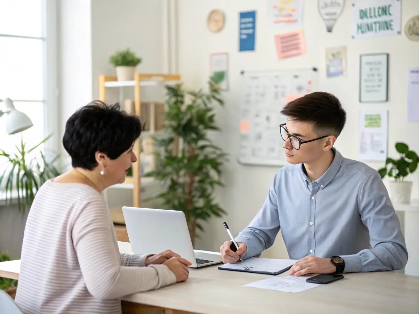 Two people sat across a desk in an interview