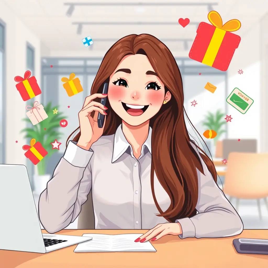 Cartoon Picture of a woman on the phone smiling with parcels all around