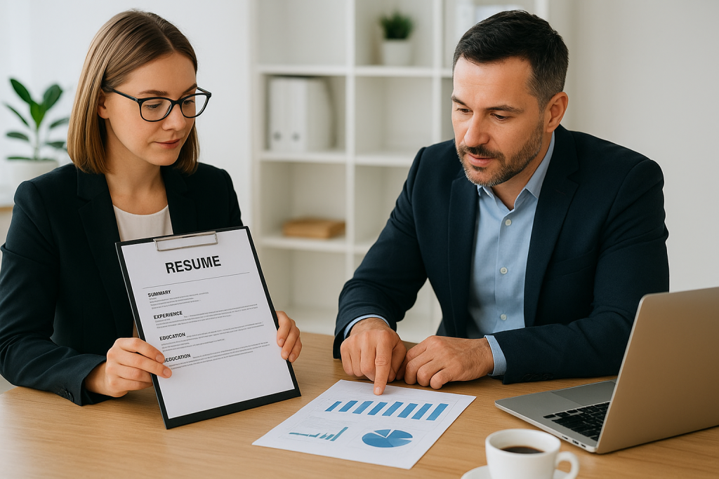 Man and woman looking at a Resume