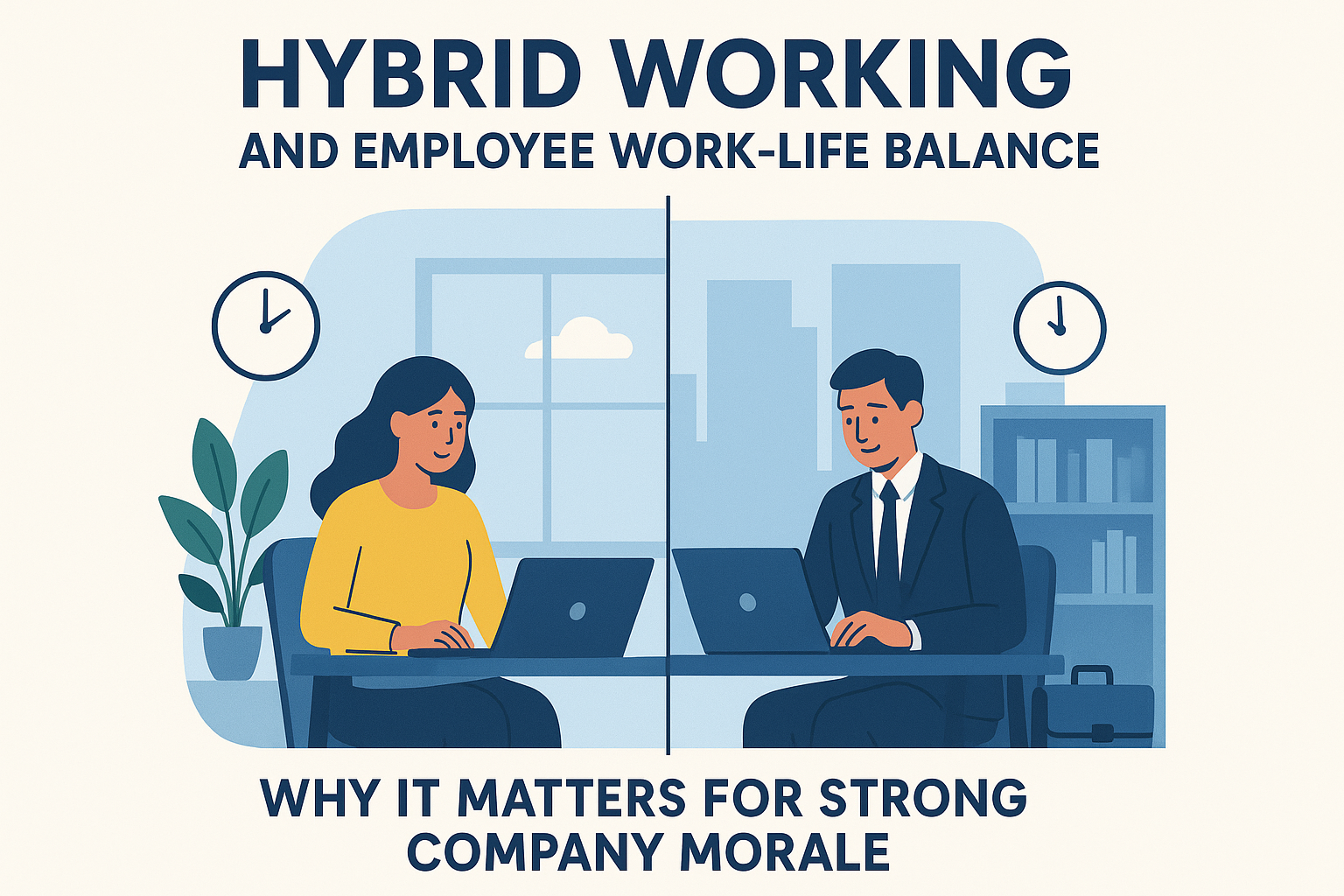 Cartoon image of a man and woman working hybrid